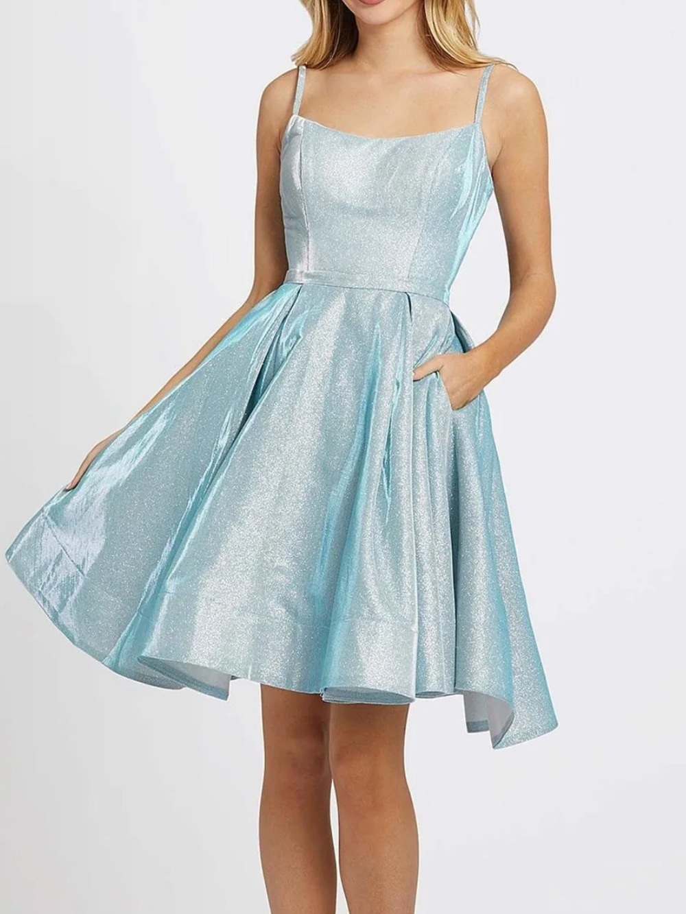 Ieena Mac Duggal Fitted Scoop A-Line Blue Shimmer Cocktail Homecoming Dress